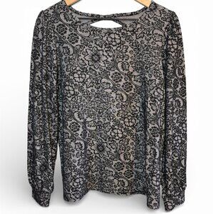 LOFT Black Gray Floral Long Sleeve Blouse • NWT • Women’s Medium
